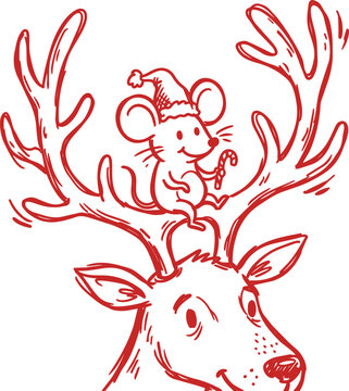Christmas mouse in santa hat on reindeer antlers, red line illustration