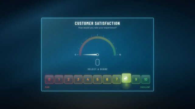 Customer satisfaction survey gauge where a 10 score is tapped and the needle swings to excellent