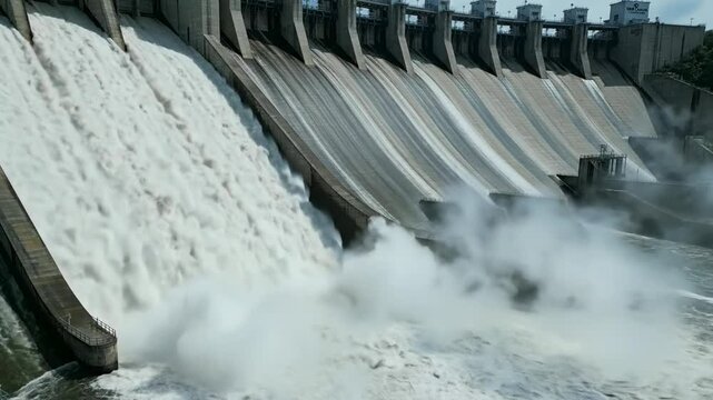 Massive hydroelectric dam overflowing with rushing white water and mis