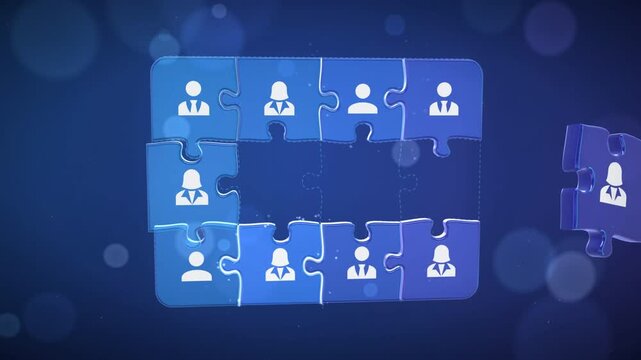 Jigsaw puzzle pieces with people icons assemble into a complete glowing team puzzle