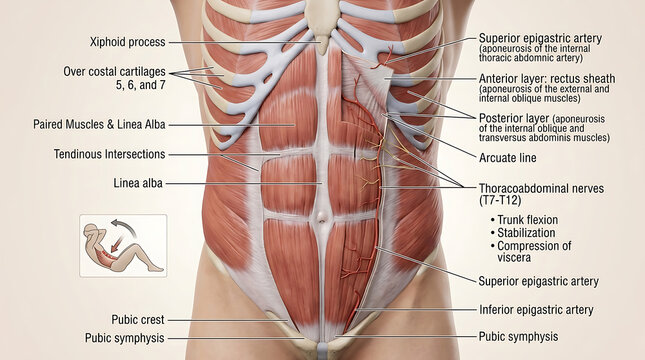 3D Photorealistic Complete Human Rectus Abdominis Muscle Anatomy with Origin Insertion Linea Alba and Trunk Flexion