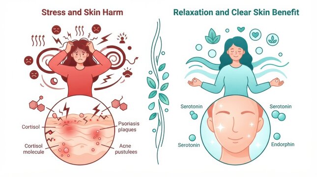 A diagram shows the effects of stress on the skin and the positive effects of relaxation on mental health and skin.