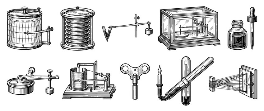 Antique Laboratory Equipment and Physics Research Instruments Collection in Woodcut Style