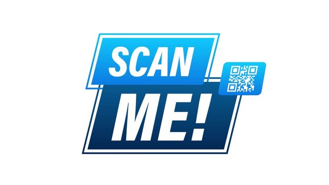 Animated scan me qr code label appearing on white and green screen