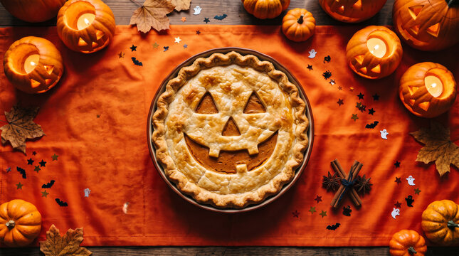 Pumpkin pie with jack-o-lantern face cut into crust, Halloween overhead flat lay with carved, lit pumpkins and gingham