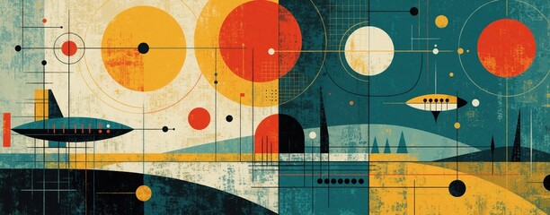 Fototapeta premium Atomic age abstract art with retro futuristic design. Geometric shapes, circles in teal yellow, red colors create midcentury modern style. Space themed illustration features sci fi elements like