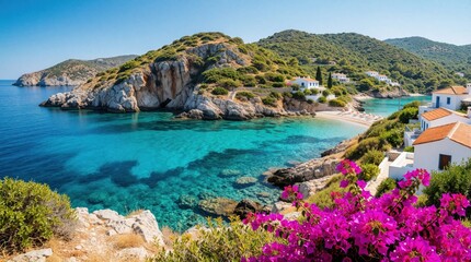 Obraz premium Scenic view of Greek island coast with turquoise sea, white houses. Mediterranean summer landscape features rocky cliffs, rich green hills, bright bougainvillea flowers. Calm blue ocean water