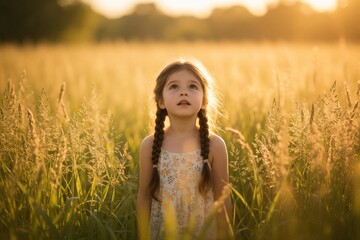 Obraz premium Little girl with braids stands in tall grass meadow during golden hour. Young child looks up at sky in summer field. Innocent kid explores nature in rural countryside at sunset. Peaceful childhood