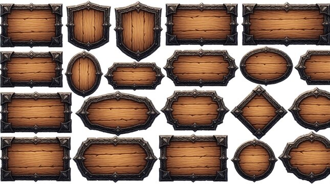 Set of medieval wooden plates with iron metal frames. Various shapes like circle, rectangle, shield for game ui design. Fantasy wood planks, panels, boards for rpg app interface, menu buttons
