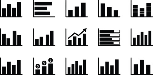 Obraz premium Set of fifteen different black and white business bar chart and graph icons for data analysis