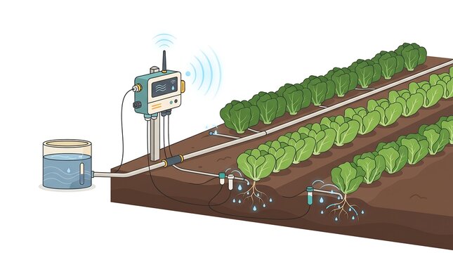 Smart drip irrigation system with wireless controller and sensors watering vegetable crops in farmland.