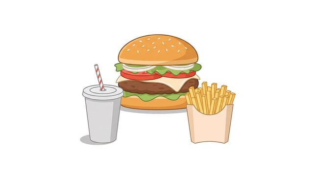 Fast food combo meal set vector illustration featuring burger, french fries, and soda cup isolated on white background.