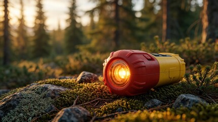 Fototapeta premium Closeup of red, yellow personal locator beacon on forest floor. Lifesaving PLB device emits bright orange light in mossy woods. Emergency distress signal tool sits among rocks, pine needles during