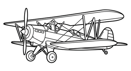 Line drawing depicts a vintage biplane aircraft with visible propeller and wing struts © Ziaul_Studio