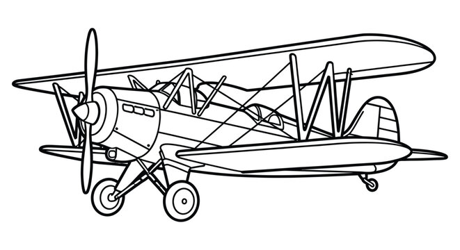 Line drawing depicts a vintage biplane aircraft with visible propeller and wing struts