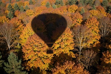 Fototapeta premium Black shadow of hot air balloon flies above autumn forest. Large balloon silhouette moves over trees with orange, yellow foliage. Aerial view of colorful woodland landscape during fall season.