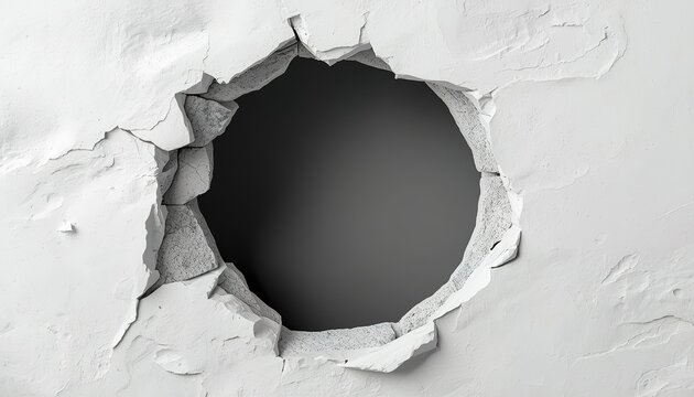 Circular hole in a white plaster wall revealing a dark interior cavity, isolated on a transparent background as a PNG element.