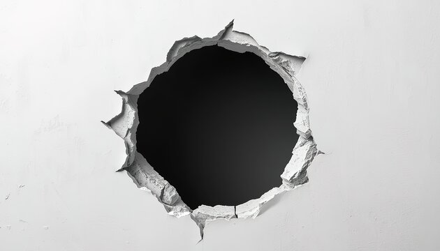 Circular hole in a white plaster wall revealing a dark interior cavity, isolated on a transparent background as a PNG element.