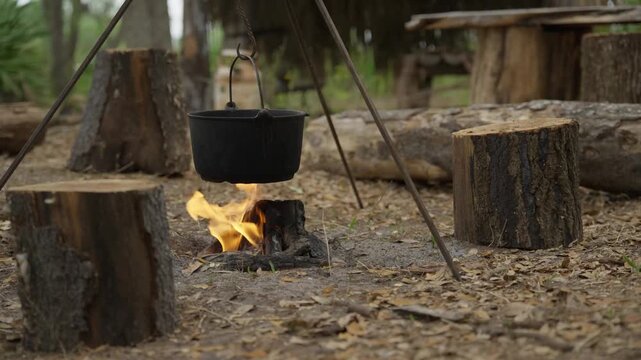 A campfire heats a cast-iron pot on a tripod near a wooden shelter. Log seats. Tourist camping. Ecotourism recreation.
