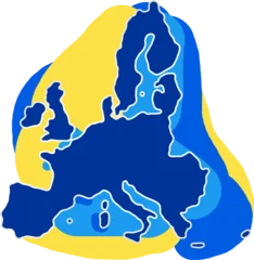 simplified shape of the map of the European Union EU in blue with colorful padding abstract in blue and yellow © wetzkaz