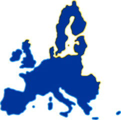 simplified shape of the map of the European Union EU in blue with colorful padding abstract in blue and yellow © wetzkaz
