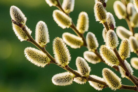Close up of blooming willow branches with soft fuzzy catkins in spring. Yellow flowers grow on tree twigs against green bokeh background. New life emerges in nature during warm sunny season. Soft