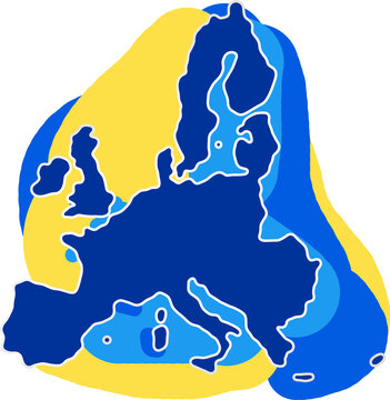 simplified shape of the map of the European Union EU in blue with colorful padding abstract in blue and yellow