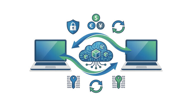 Cloud computing banking and secure financial data transfer vector illustration. Laptops synchronizing encrypted blockchain technology, cyber security, and currency exchange concept isolated on white