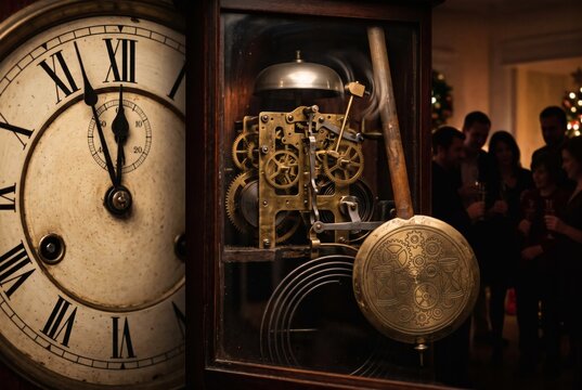 Antique clock approaching midnight with people celebrating with champagne, New Year eve countdown and midnight celebration concept