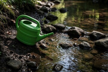 Fototapeta premium Green plastic watering sits on muddy river bank near small stream. Rubbish pollutes natural water flow between rocks. Environmental waste problem in forest creek. Plastic junk damages eco system,