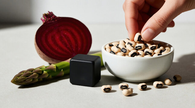 Fresh beetroot half, green asparagus spear, white bowl of black eyed peas on grey surface. Person hand picks organic legume. Natural sources of vitamin B8 inositol for healthy vegan diet, nutrition