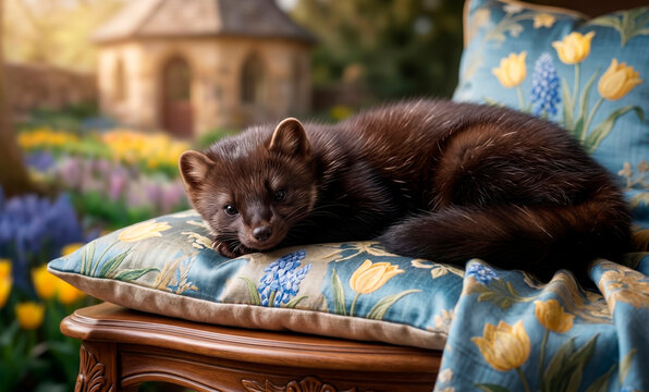 Sleepy chocolate brown sable resting on floral cushion outdoors in warm sunlight with blurred cottage garden background