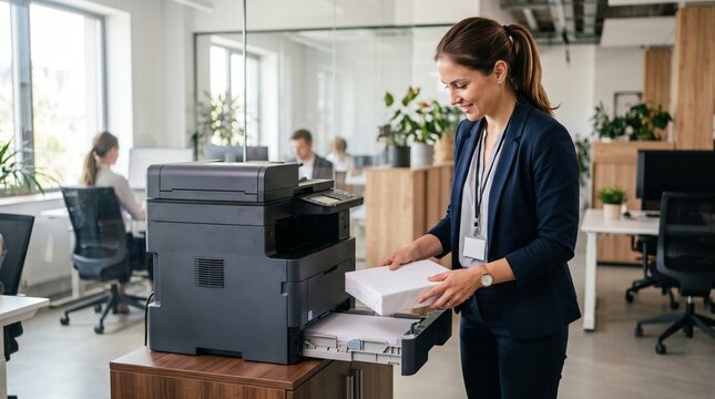 Smiling businesswoman loading paper into a printer in a modern office environment with colleagues working in the background