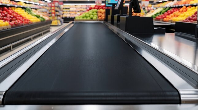 Empty supermarket checkout conveyor belt in modern grocery store. Retail point of sale counter with scanner in food market aisle. Close up view of black belt for customer shopping, automated payment