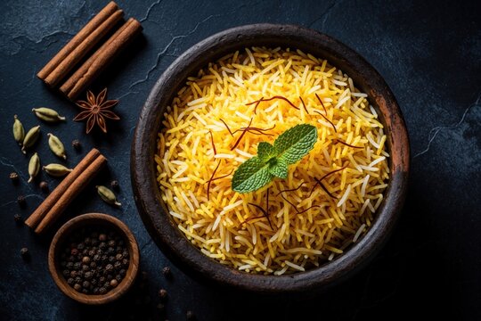 Top view of aromatic chicken biryani rice in dark clay pot. Spices like cinnamon sticks, star anise, cardamom, peppercorns lie on dark stone surface. Fresh mint garnish on yellow basmati rice makes