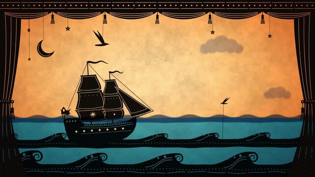 Paper shadow theater with a sailing ship rocking on cut paper waves, a flying seagull and a hanging moon on a glowing amber screen, seamless loop