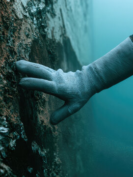 Commercial diver hand in gray neoprene glove bracing against barnacle covered ship hull underwater, with marine growth and sediment visible in blue seawater