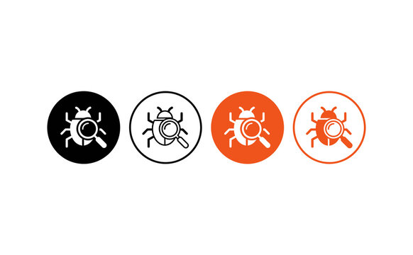 Software bug icons with magnifying glass in black and orange circle styles