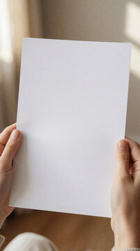 Person holds blank white paper sheet with both hands. Minimalist mockup for mental health message quote. Close up view of human hands presenting empty poster, card flyer for wellness campaign,