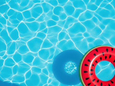Bright watermelon pool float ring in refreshing blue swimming water