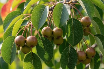 Fototapeta premium Macro shot of wild pear tree branches with ripe small fruits. Green leaves grow around Pyrus cordata fruit clusters. Natural botany concept shows organic fruit development on plant in garden forest