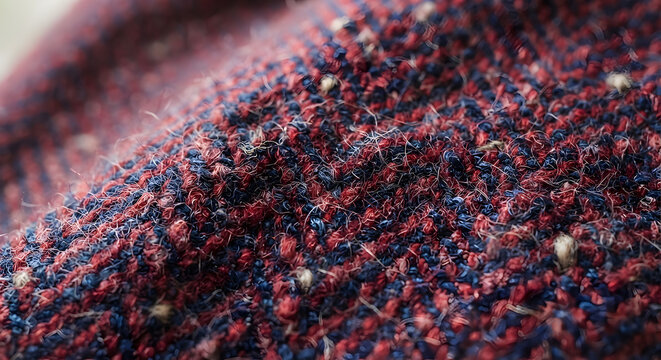 Macro close up of blue and red tweed fabric texture