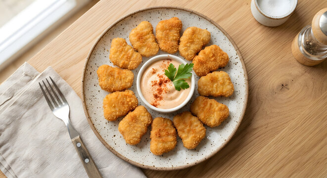 Plate of crispy chicken nuggets with dipping sauce