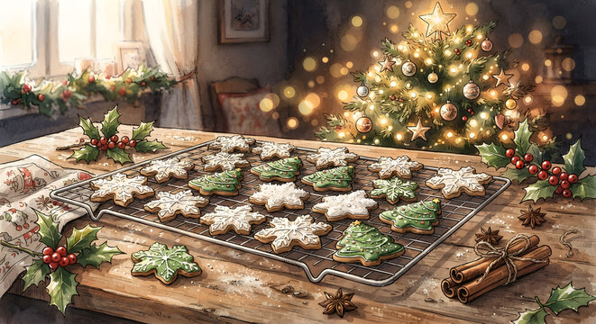 Christmas sugar cookies on cooling rack with holiday decor