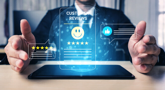 Businessman interacts with digital customer reviews displayed on a tablet, showcasing innovative feedback mechanisms for improved customer engagement and satisfaction insights. Cyphers
