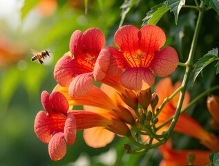 Fototapeta premium Bright orange trumpet vine flowers bloom in summer garden. Close up macro shot shows red Campsis radicans blossoms. Small honey bee flies near petals to collect nectar. Nature background with green