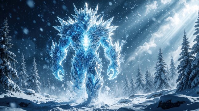 Giant ice elemental monster walks through snowy winter forest. Mythical frost creature made of blue crystals moves in blizzard. Magical ice giant stands in frozen landscape with pine trees under