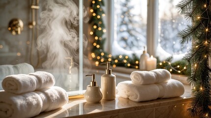 Plakat Cozy bathroom with steaming hot shower, soft white towels on marble ledge. Festive Christmas decor with pine branches, warm fairy lights creates serene winter mood. Elegant toiletries, candles add