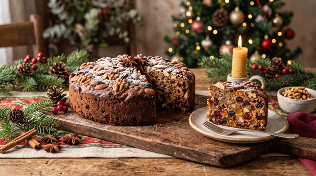 Festive Christmas Fruitcake with Nuts and Dried Fruits on a Wooden Board with Decorations