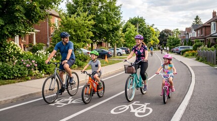 Fototapeta premium Happy family cycling together on a suburban street with dedicated bike lanes on a sunny day